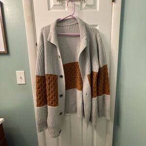 Men’s XL Collared Cable Knot Gray and Brown Patchwork Cardigan Sweater